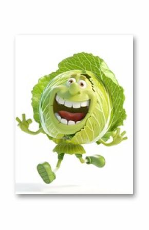 cabbage cartoon character with stylized jumping into the air, 3d illustration of cabbage cartoon character, isolated on white background.