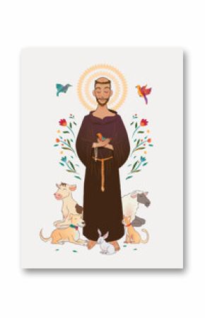 illustration of saint francis near to animals. Colorful, happy, stylized, caricature, childish art. light background