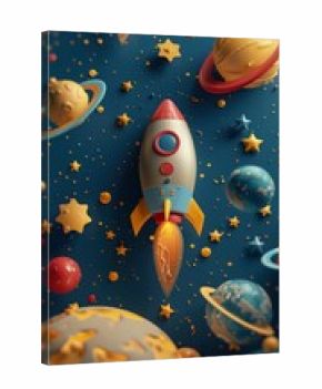 A cute 3D blender render featuring a minimalist blank backdrop with a space theme, bordered by adorable cartoon planets, stars, and spaceships, creating a playful outer space atmosphere