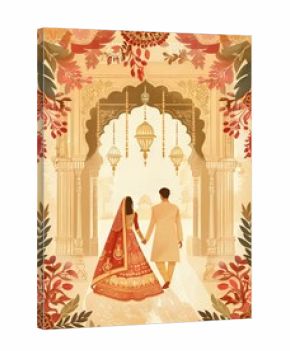 A wedding ceremony illustration with a newlywed couple walking through a decorated archway