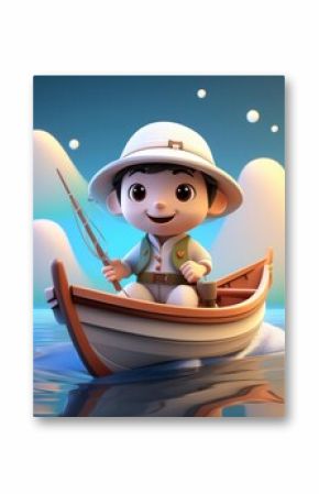 3D cheerful cartoon boy rows a boat with a fishing rod