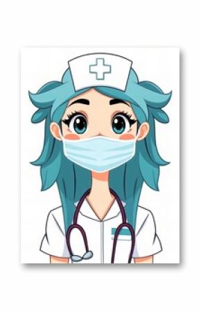 cartoon nurse with mask and stethoscope.