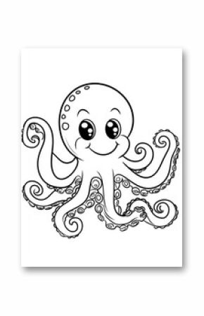 Cute Cartoon Octopus Illustration - Black and White Drawing