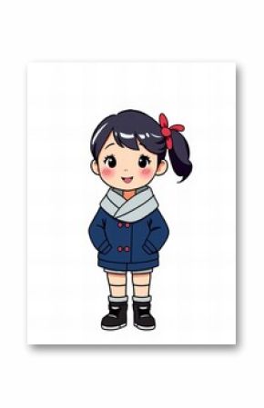 cartoon girl in winter coat with red bow and black boots.