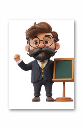 3D cartoon teacher with glasses and a beard, raising a fist in enthusiasm, standing next to a chalkboard, ready to teach.