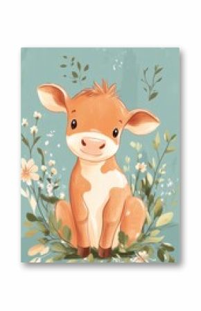 Cute cartoon calf sitting in a field of flowers with a teal background.