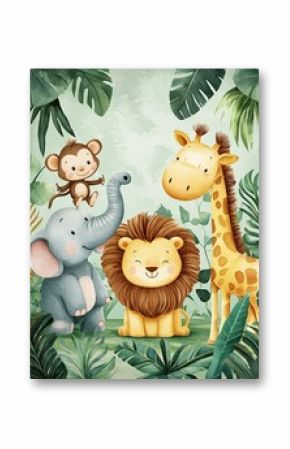 Cute jungle animals including monkey, elephant, lion, and giraffe in a tropical leafy scene.
