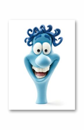 humorous blue cartoon character with wild hair and a big smile