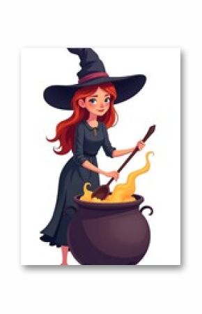 a witch brews a potion in a cauldron cartoon