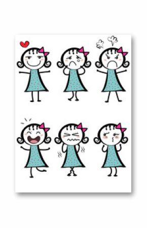 different expressions of a cute cartoon girl