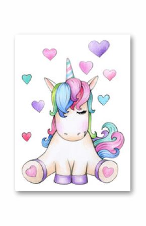  Cute sitting unicorn cartoon with hearts, isolated on white.