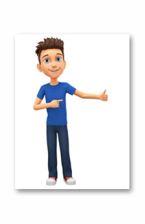 Character cartoon guy in blue t-shirt points to the thumb. 3d rendering. Illustration for advertising.