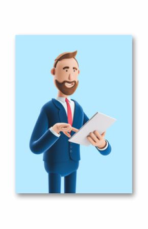 a cartoon character is holding a notebook and smiling. 3d illustration on blue background