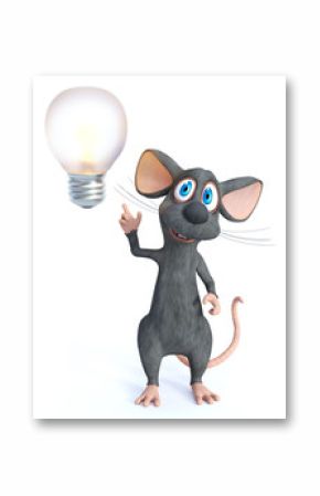 3D rendering of a smiling cartoon mouse with light bulb.