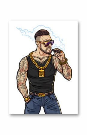 Rich major with cigar - cartoon character in game style. Boss gangster in sunglasses and gold chain. Brutal man smokes a cigar near the club. Fashionable rapper with cigar in hand. Boy with gold watch