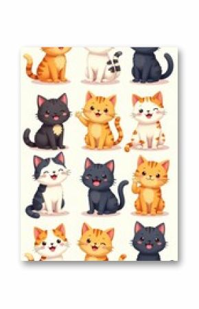 Collection of cute cartoon cats in various playful poses, kitties, adorable