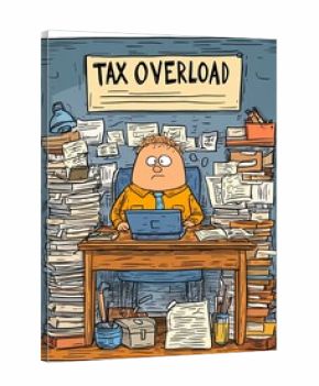 Tax overload cartoon illustration showing tax overload stress in paperwork chaos for tax overload crisis. Overwhelmed by tax paperwork in the office.