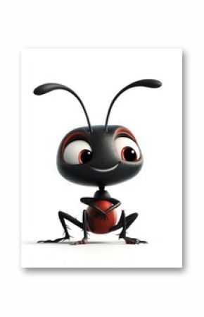 Adorable 3D Cartoon Ant, Sitting, Happy Expression, White Background, Charming Insect Illustration