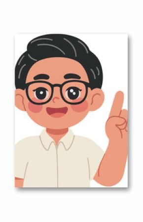 Cute cartoon boy with glasses raising his index finger, looking happy and confident. Ideal for educational, instructional, or learning-themed designs and illustrations.