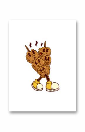 A group of animated satay meatballs forming a cheerful character, marching happily on yellow sneakers, with steam lines emphasizing their warmth and flavor.