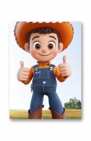 A cheerful cartoon cowboy character giving a thumbs up, wearing an orange hat, plaid shirt, and denim overalls, set against a sunny outdoor backdrop.
