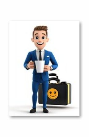 A cheerful cartoon businessman in a blue suit holds a coffee cup and stands beside a black briefcase with a smiley face.
