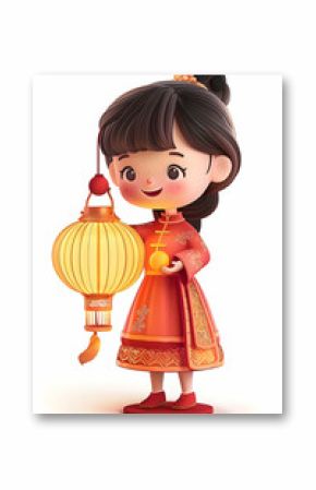 Charming depiction of a cartoon girl celebrating Lunar New Year with a lantern