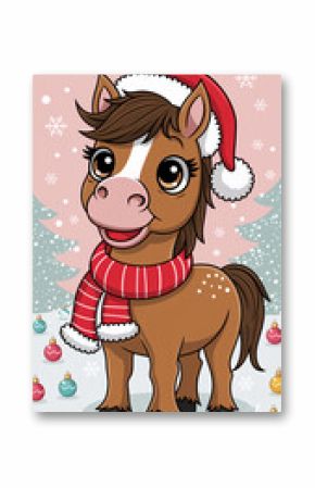 Adorable Cartoon Pony in a Santa Hat with Christmas Decorations and a Snowy Winter Scene