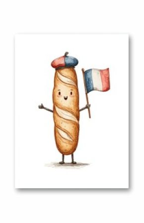 French baguette cartoon holding French flag smiling French baguette cartoon with beret cute French baguette cartoon for Bastille Day illustration 