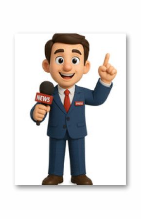 An enthusiastic 3D cartoon news reporter in a navy suit, red tie, and "PRESS" badge holds a "NEWS" microphone and points upwards, having an idea or emphasizing.
