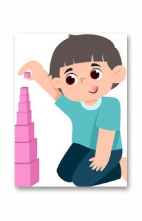 Child Building Pink Block Tower, Educational Play