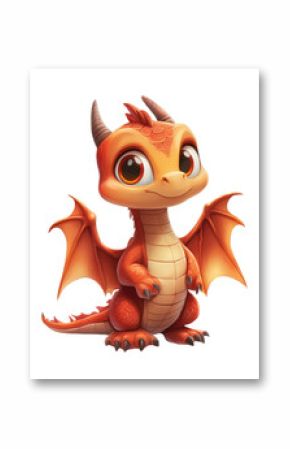Cute cartoon baby dragon with big eyes and orange wings