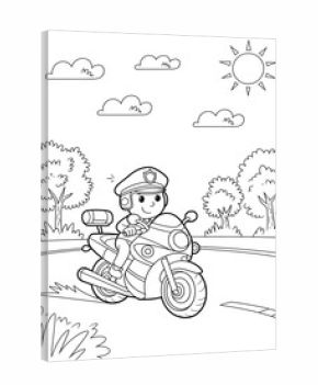 Black and White Line Art Coloring Page Cartoon Police Officer Riding Motorcycle Sunny Day Landscape Kids Coloring Book
