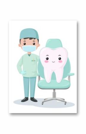 Cute cartoon tooth sitting in a dental chair, smiling, with a friendly dentist character in mask and gloves, pastel colors, white background