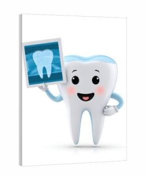 Funny cartoon tooth holding an x ray of itself, laughing, friendly educational design for kids, white background