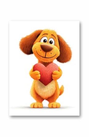 Happy cartoon dog holding a heart on white background