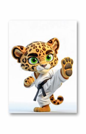 Cute anthropomorphic cartoon leopard cub performing a dynamic karate kick in a white gi with a black belt on a plain background