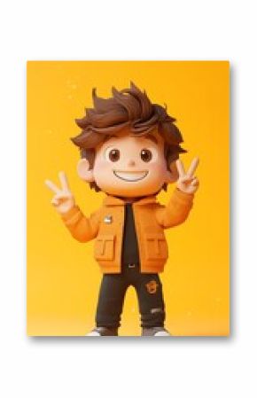 Cheerful cartoon boy with a peace sign against a vibrant yellow backdrop