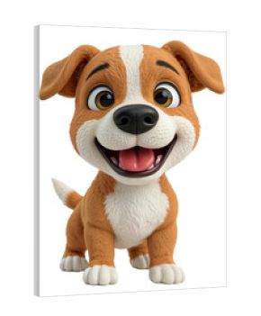 A charming cartoon dog radiates happiness with a wide smile and inviting eyes, its fur detailed.
