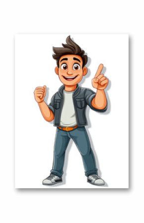Cheerful cartoon character with dark hair, wearing black jacket, white shirt, and jeans, stands with one hand raised and other in fist, conveying excitement