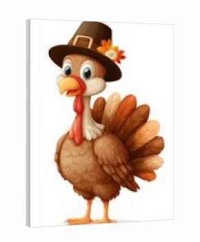 Fun cartoon turkey wearing a hat decorated with autumn leaves and flowers, ideal for Thanksgiving celebrations and decorations