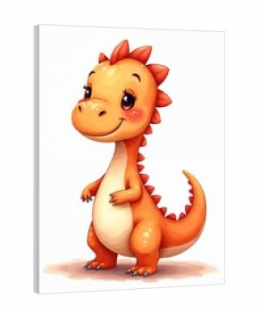 Cute cartoon dinosaur character stands smiling. Friendly orange dino watercolor textures, red spines on back. Happy adorable creature for kids designs, playful animal themes, children books,