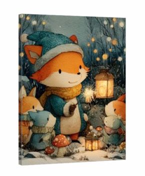 Whimsical watercolor cozy wildlife cartoon in Happy New Year