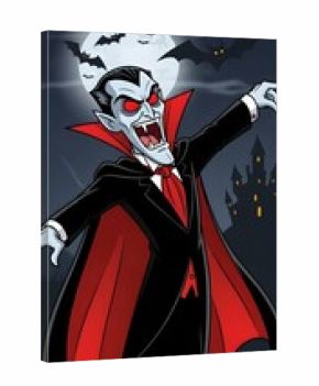 Classic cartoon vampire with glowing red eyes, fangs, and cape, against a moonlit haunted castle and flying bats, perfect for spooky Halloween designs