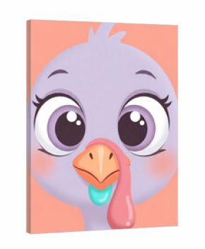 Close-up of stylized turkey face with large eyes on orange background, representing animal portrait for festive, seasonal, or decorative concept