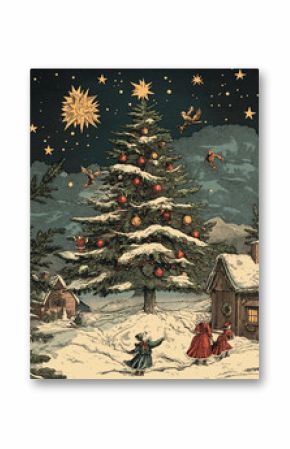 Christmas tree with snow Vintage engraved Christmas card style