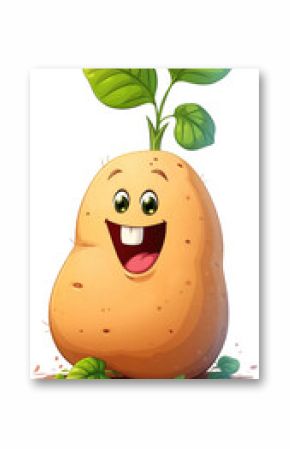 Cute cartoon potato character with expressive face and leafy top. Ideal for children's illustrations, educational materials, and animations.