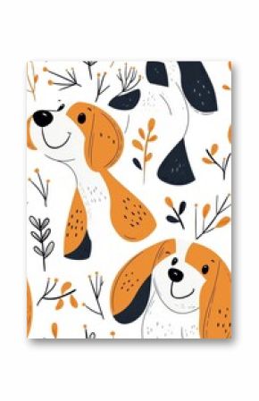 A flat style seamless pattern of Beagles, isolate on white background, playfully arranged in various poses.