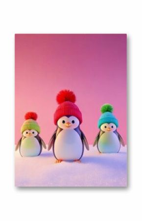 cute cartoon penguins in pompom hats christmas card copy space background 