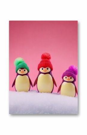 cute cartoon penguins in pompom hats christmas card copy space background 